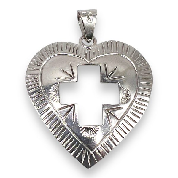 Sterling Silver Heart Pendant Engraved Open Cross