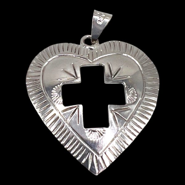 Sterling Silver Heart Pendant Engraved Open Cross - Image 3