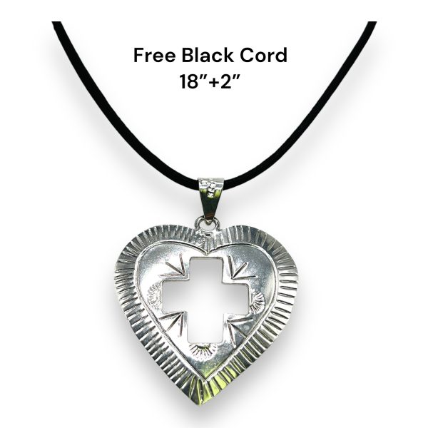 Sterling Silver Heart Pendant Engraved Open Cross - Image 2