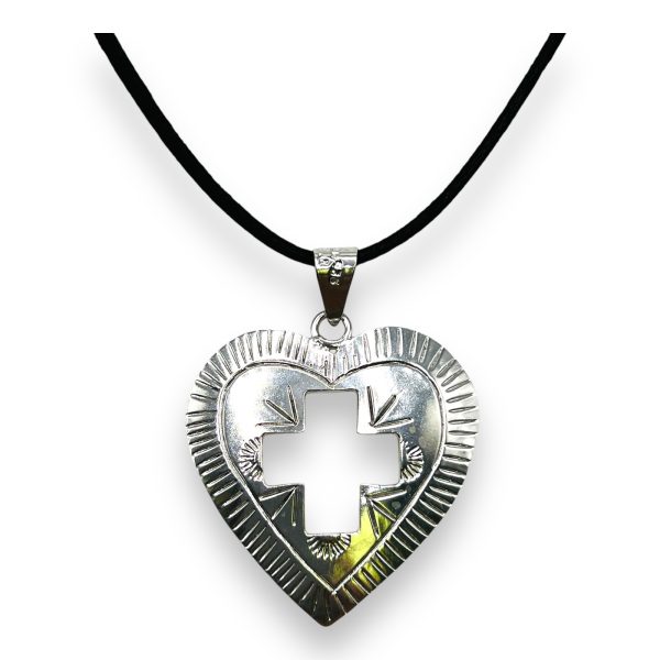 Sterling Silver Heart Pendant Engraved Open Cross - Image 9