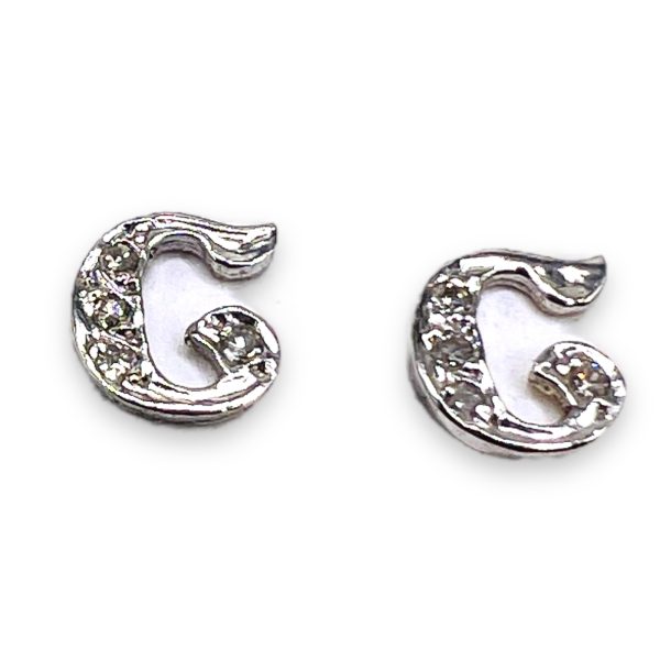 14k White Gold Letter Diamond Initial "C" Earrings