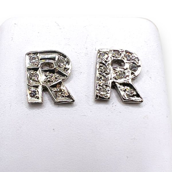 14k White Gold Initial "R" Earrings Diamond Block Letter