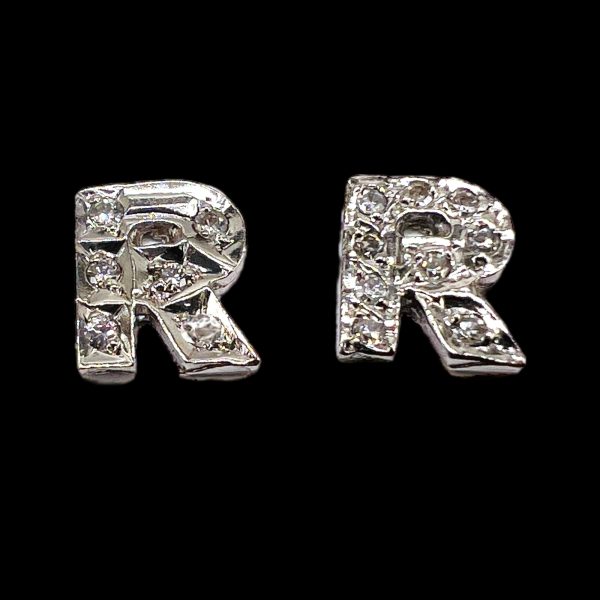 14k White Gold Initial "R" Earrings Diamond Block Letter - Image 2