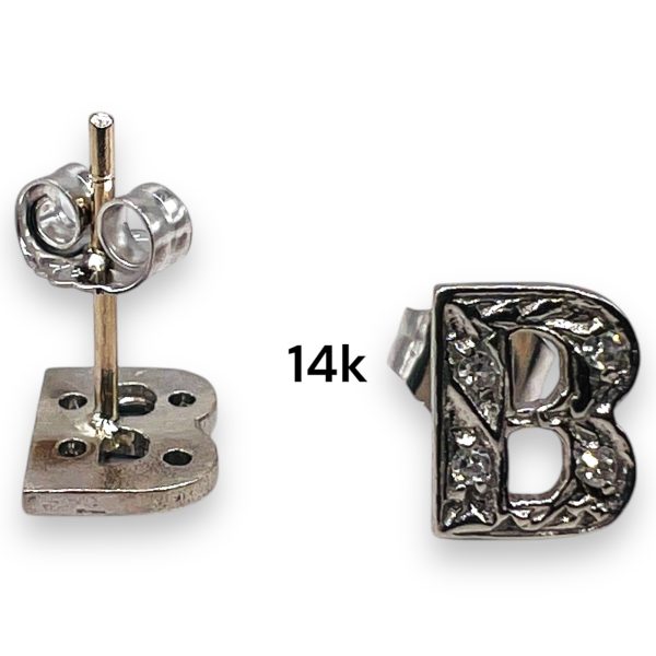 14k White Gold Diamond Initial 'B' Block Letter Earrings - Image 3