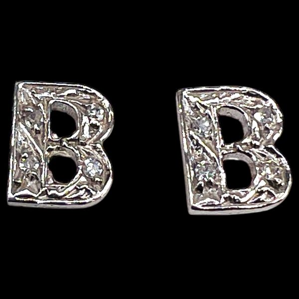 14k White Gold Diamond Initial 'B' Block Letter Earrings - Image 2