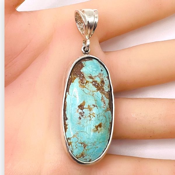 Untreated Persian Turquoise Oval Pendant | 925 Silver - Image 8