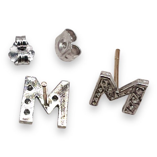 Initial 'M' Earrings 14k White Gold Diamond Letter - Image 3