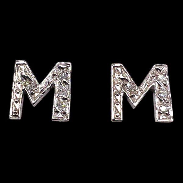 Initial 'M' Earrings 14k White Gold Diamond Letter - Image 2