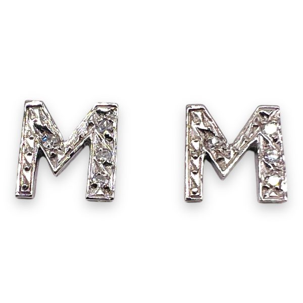 Initial 'M' Earrings 14k White Gold Diamond Letter