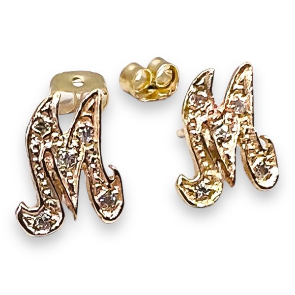 14k Yellow Gold Initial 'M' Diamond Letter Earrings - Image 3