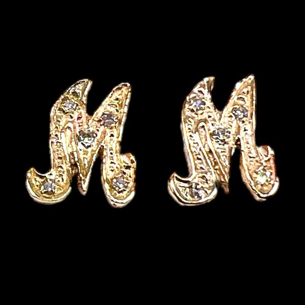 14k Yellow Gold Initial 'M' Diamond Letter Earrings - Image 2