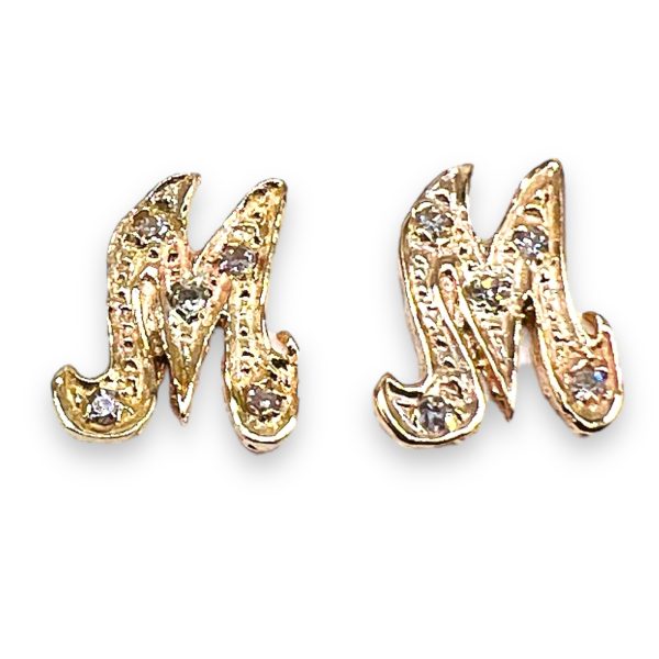 14k Yellow Gold Initial 'M' Diamond Letter Earrings