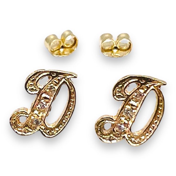 14k Yellow Gold Earrings with Letter 'D' Diamond Initial - Image 4