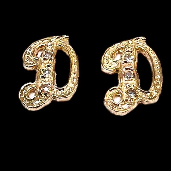 14k Yellow Gold Earrings with Letter 'D' Diamond Initial - Image 2