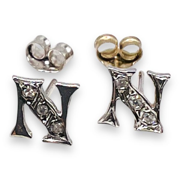 14k White Gold Initial "N" Diamond Letter Earrings - Image 4