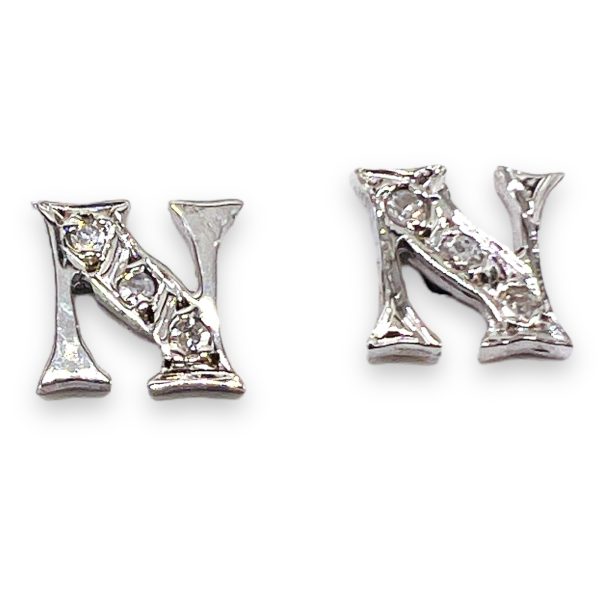 14k White Gold Initial "N" Diamond Letter Earrings