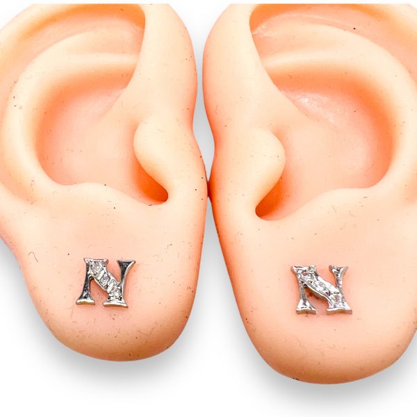 14k White Gold Initial "N" Diamond Letter Earrings - Image 8