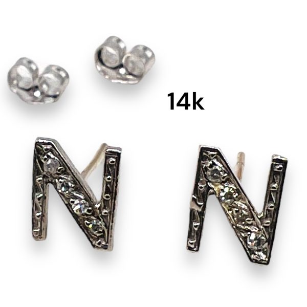 14k White Gold Initial Earrings Diamond Letter N - Image 3