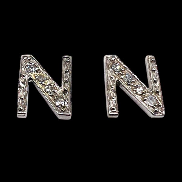 14k White Gold Initial Earrings Diamond Letter N - Image 2