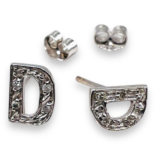 Diamond Letter "D" 14k White Gold Initial Earrings - Image 3