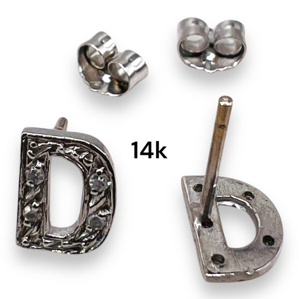 Diamond Letter "D" 14k White Gold Initial Earrings - Image 4