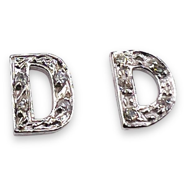 Diamond Letter "D" 14k White Gold Initial Earrings