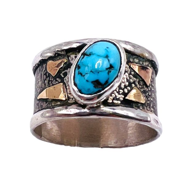 Rustic Silver Gold Accent Persian Turquoise Ring, sz 11.5 - Image 3