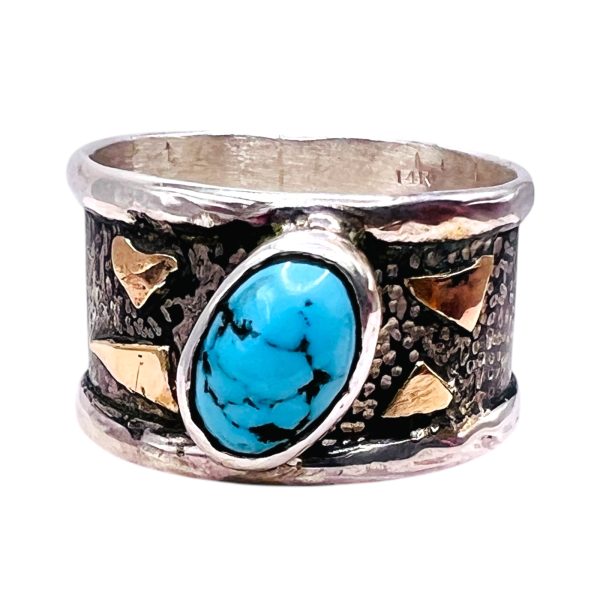 Rustic Silver Gold Accent Persian Turquoise Ring, sz 11.5