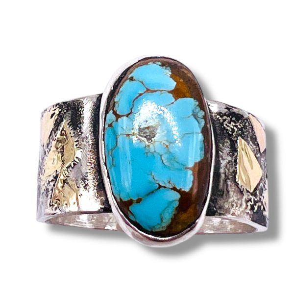 Oxidized Silver Gold Accent Persian Turquoise Ring, sz 8.75