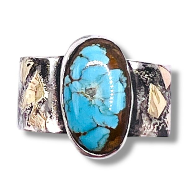 Oxidized Silver Gold Accent Persian Turquoise Ring, sz 8.75 - Image 4