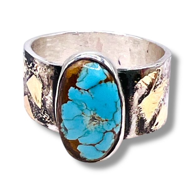 Oxidized Silver Gold Accent Persian Turquoise Ring, sz 8.75 - Image 9