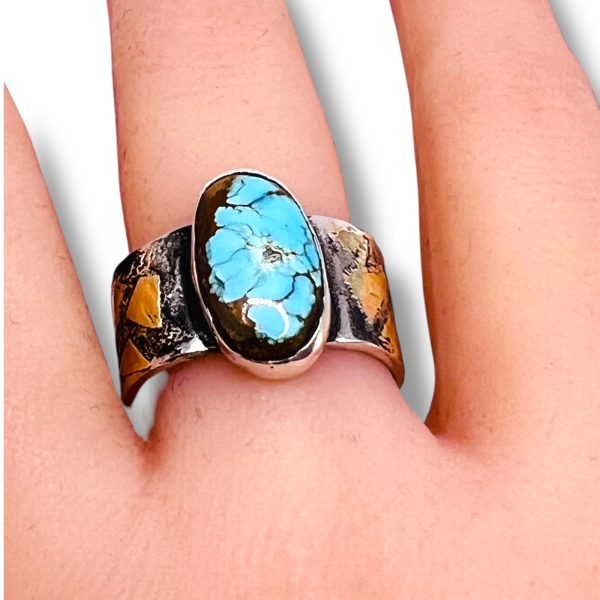 Oxidized Silver Gold Accent Persian Turquoise Ring, sz 8.75 - Image 13