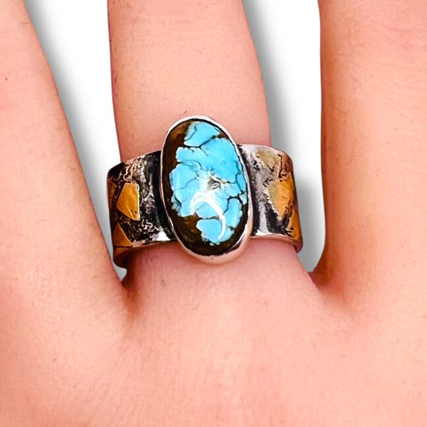 Oxidized Silver Gold Accent Persian Turquoise Ring, sz 8.75 - Image 14