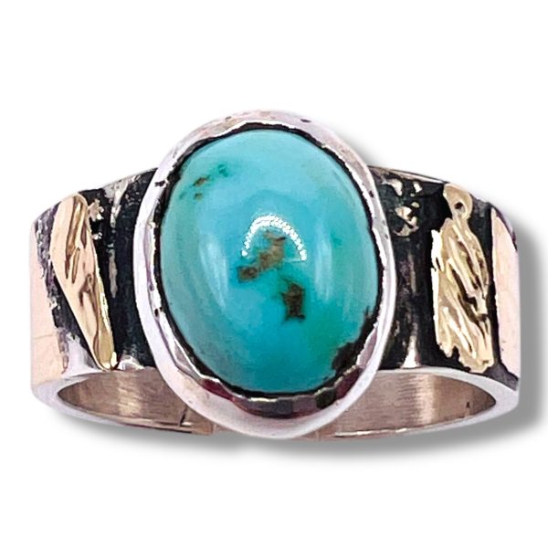 Oxidized Silver Persian Turquoise Ring Gold Accent, sz 8.25