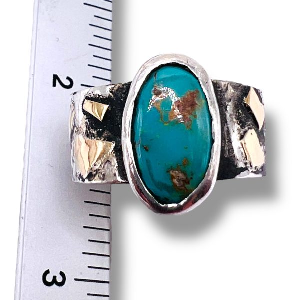 Rustic Silver Gold Accent Persian Turquoise Ring, sz 8.5 - Image 3