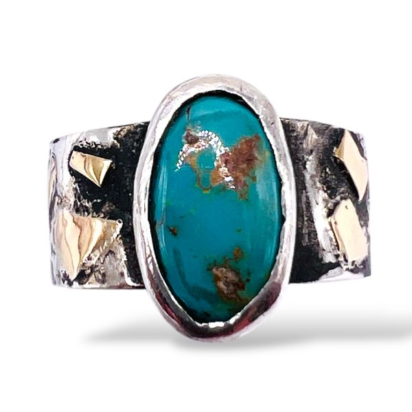 Rustic Silver Gold Accent Persian Turquoise Ring, sz 8.5 - Image 2