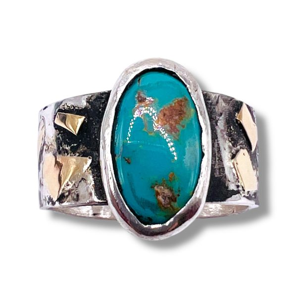 Rustic Silver Gold Accent Persian Turquoise Ring, sz 8.5 - Image 5