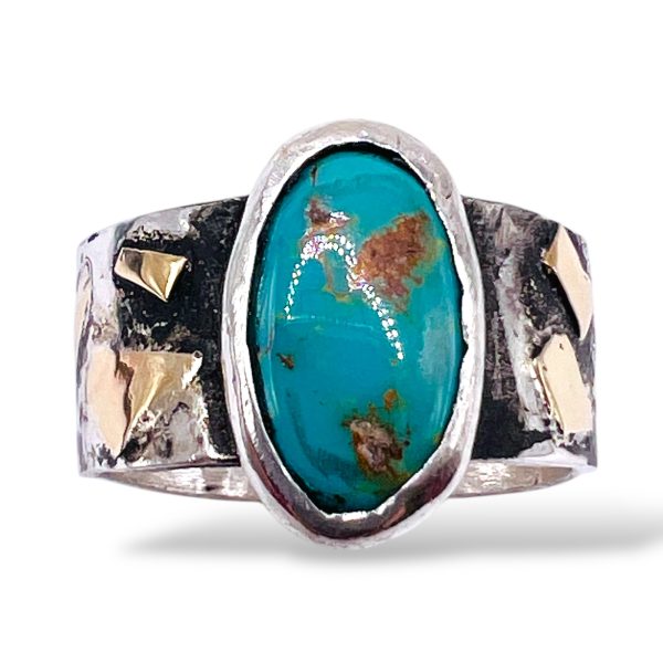 Rustic Silver Gold Accent Persian Turquoise Ring, sz 8.5 - Image 4