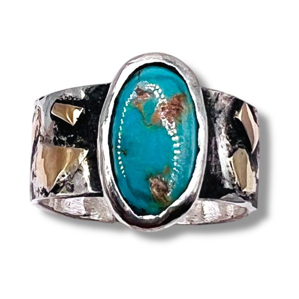 Rustic Silver Gold Accent Persian Turquoise Ring, sz 8.5 - Image 7