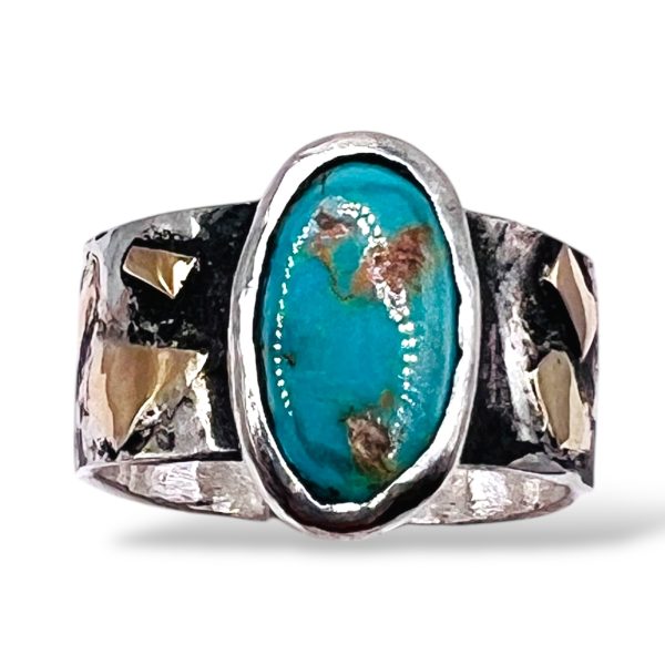 Rustic Silver Gold Accent Persian Turquoise Ring, sz 8.5 - Image 6