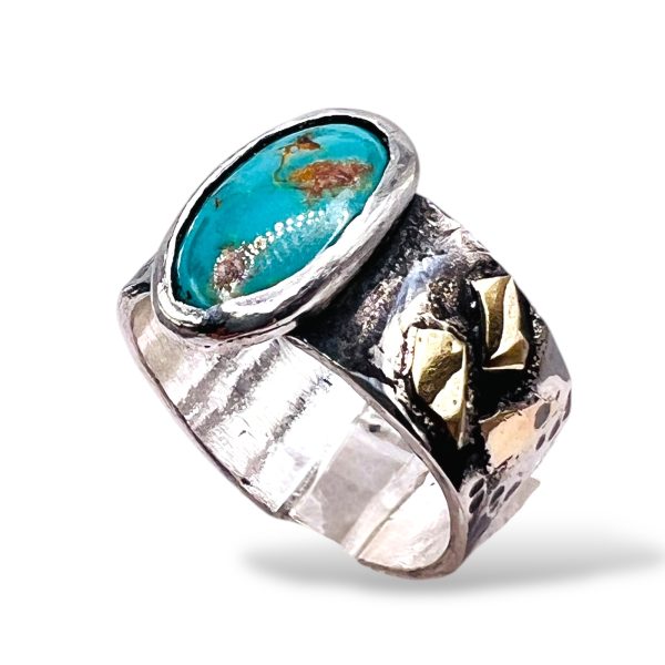 Rustic Silver Gold Accent Persian Turquoise Ring, sz 8.5 - Image 11