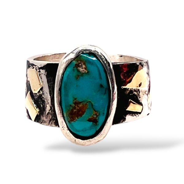 Rustic Silver Gold Accent Persian Turquoise Ring, sz 8.5 - Image 13