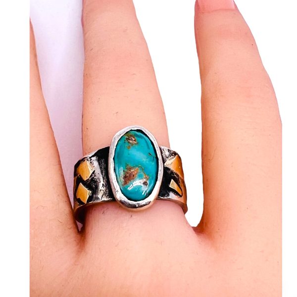 Rustic Silver Gold Accent Persian Turquoise Ring, sz 8.5 - Image 14