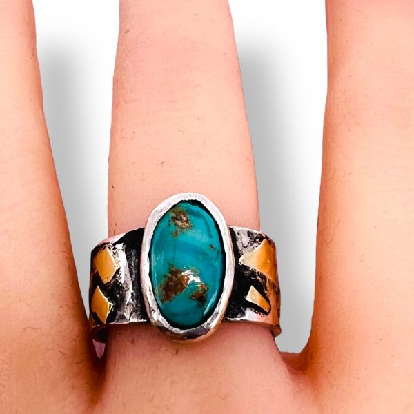 Rustic Silver Gold Accent Persian Turquoise Ring, sz 8.5 - Image 15