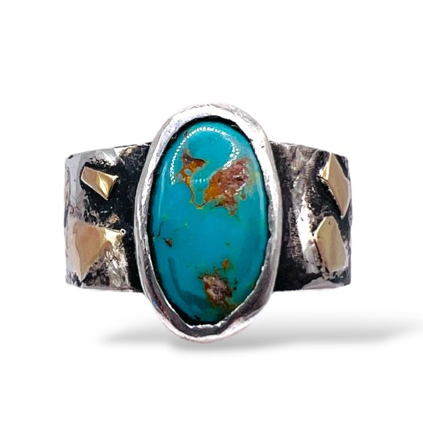 Rustic Silver Gold Accent Persian Turquoise Ring, sz 8.5