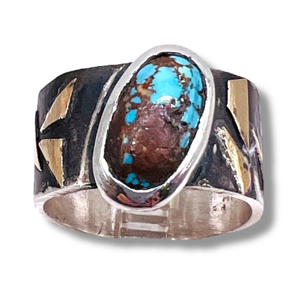 Tarnished Silver Gold Accent Persian Turquoise Ring, sz 9 - Image 2