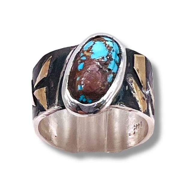 Tarnished Silver Gold Accent Persian Turquoise Ring, sz 9 - Image 3