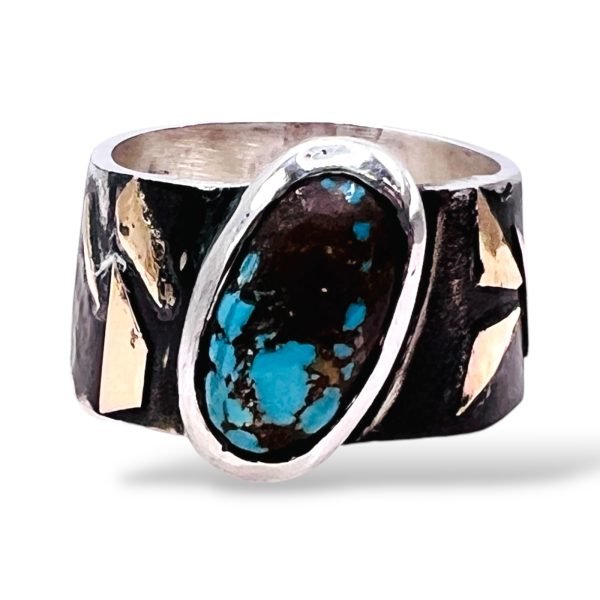 Tarnished Silver Gold Accent Persian Turquoise Ring, sz 9 - Image 9