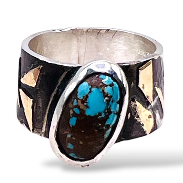 Tarnished Silver Gold Accent Persian Turquoise Ring, sz 9