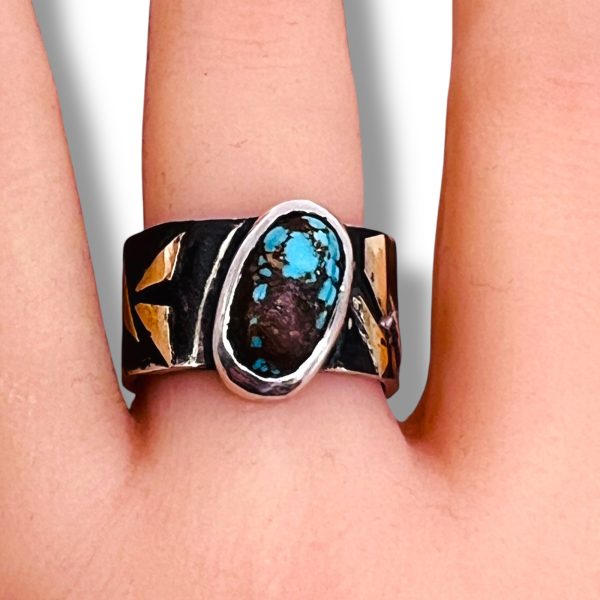 Tarnished Silver Gold Accent Persian Turquoise Ring, sz 9 - Image 12